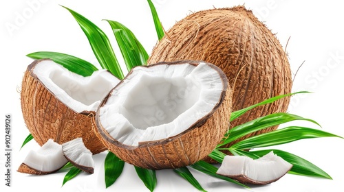 Coconut with half and leaves on white background