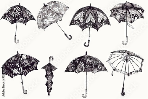 Sketched umbrellas set, parasol, sunshade hand-drawn ink design elements, umbel doodle collection photo