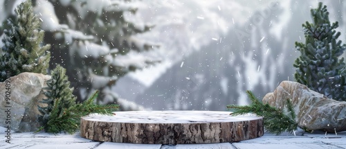 Podium with alpine snow and evergreen branches, mountain theme, natural and crisp presentation setting