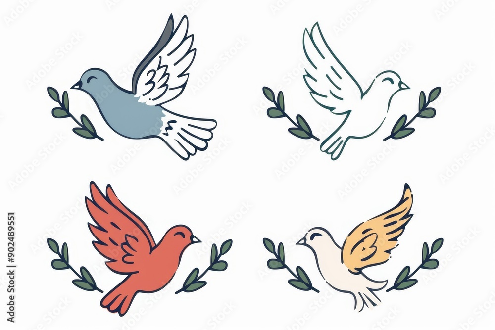 Peace dove icon, pigeons, dove twigs doodle sketched collection. Flying birds silhouettes on white Peace dove icon, pigeons, dove twigs doodle sketched collection. Flying birds silhouettes on white