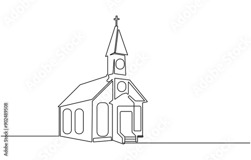 Continuous one simple single abstract line drawing of old church icon ,Church Single continuous line illustration ,continuous line of churches. one line drawing of church, Christian religious place