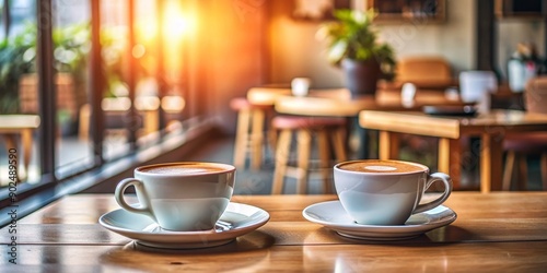 Wallpaper Mural Two Cups of Coffee on a Wooden Table in a Cafe with Sun Shining Through a Window, Cafe, Coffee, Morning, Drink, Relax Torontodigital.ca