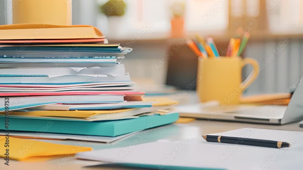 A cluttered office desk with stacks of documents, a pencil, and a laptop, representing a busy workspace. A cluttered office desk with stacks of documents, a pencil, and a laptop, representing a busy workspace.