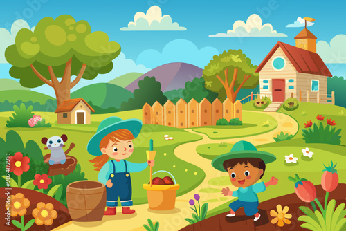 Children's Spring Landscape Vector Illustration - Cartoon, Clipart, Line Art Design © Kanay