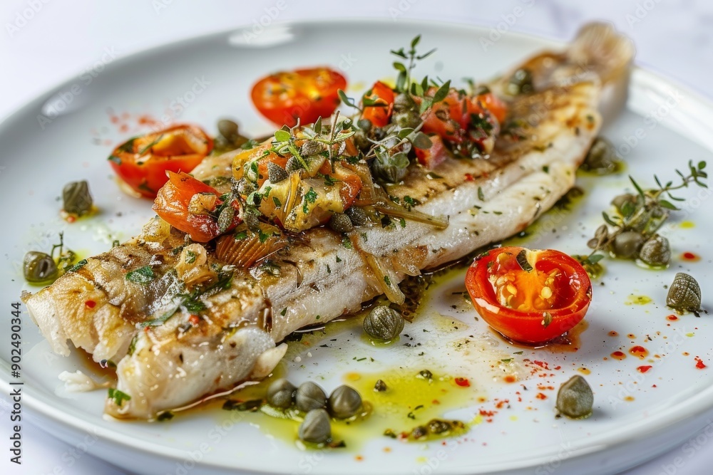 Pike perch, fried sander fish, zander fillet with tomatoes, capers. Barbecue pike meat on white Pike perch, fried sander fish, zander fillet with tomatoes, capers. Barbecue pike meat on white