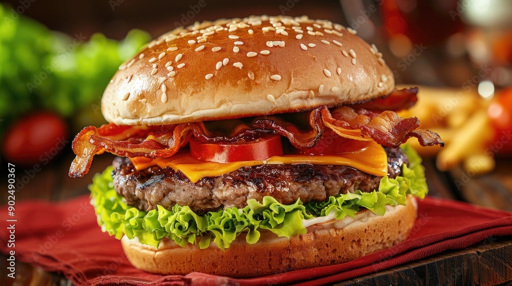 Bacon burger with beef patty on red wooden table Bacon burger with beef patty on red wooden table