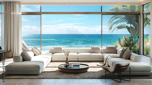 Living room decor  home interior design . Coastal Minimalist style with Large Window with Ocean View decorated with Wood and Glass material A living room filled with furniture and a large window 