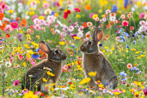 Two Rabbits in a Field of Colorful Wildflowers photo