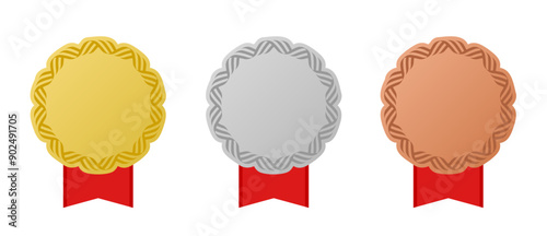 Gold, silver and bronze medal set with ribbon