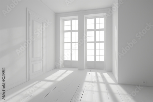 Pristine White Room, Color-Free Environment, Detailed Photorealistic Interior Design