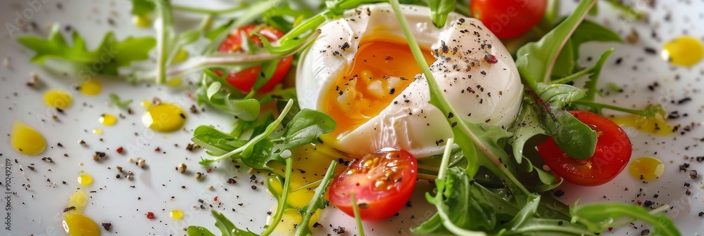 Salad with poached egg, sweet bell pepper, lettuce and cherry tomatoes. Restaurant starter menu Salad with poached egg, sweet bell pepper, lettuce and cherry tomatoes. Restaurant starter menu