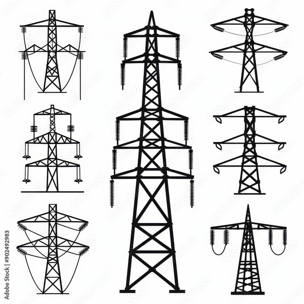 Power line icon, electric main symbol, electric line emblem, power transmission line pictogram Power line icon, electric main symbol, electric line emblem, power transmission line pictogram
