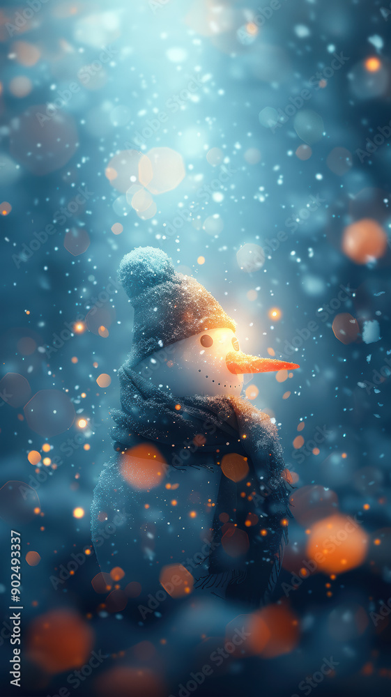 Snowy Background with Snowman and Lights Snowy Background with Snowman and Lights
