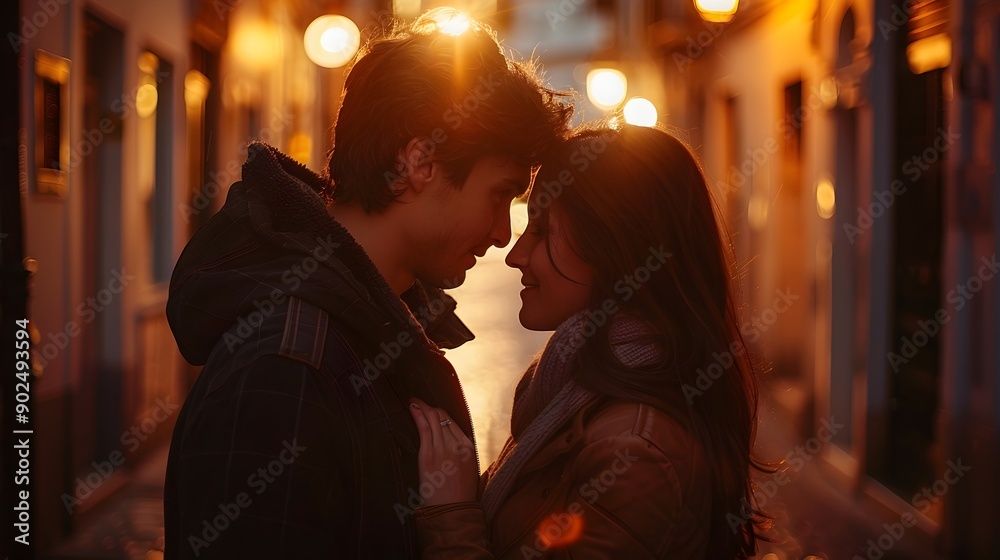 Loving Embrace Under Warm Streetlight in Quiet City Alley Loving Embrace Under Warm Streetlight in Quiet City Alley
