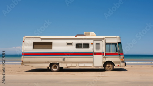 A white and red camper van is parked on a beach