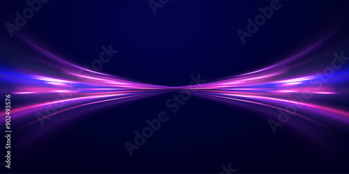 Speed connection vector background. Light and stripes moving fast over dark background. Database fast data transfer acceleration. Colorful dynamic motion on blue background.