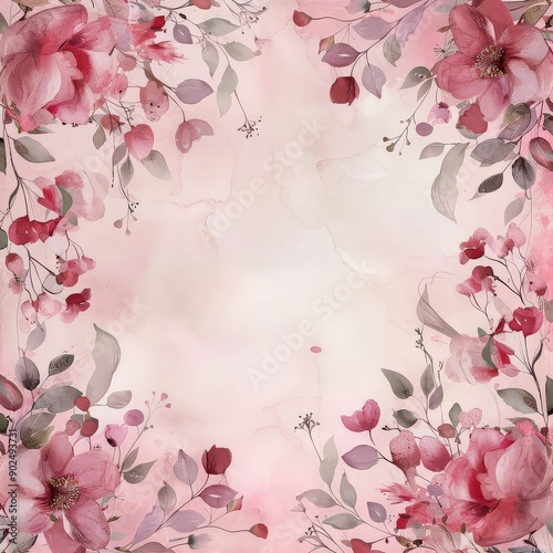 Watercolor Floral Frame with Pink Flowers and Leaves