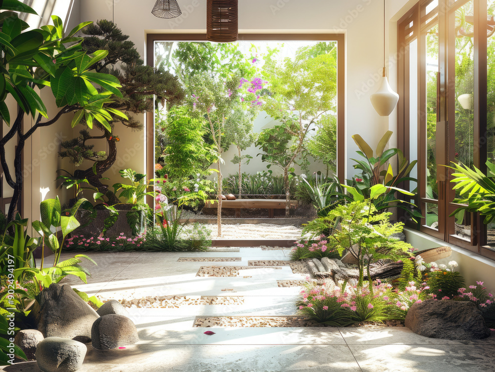 Fototapeta premium Chic Indoor Garden with Natural Light Indoor Setting, Lush and Inviting