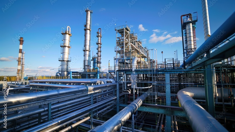 A Close-Up of an Industrial Refinery with Tall Towers and Pipelines A Close-Up of an Industrial Refinery with Tall Towers and Pipelines