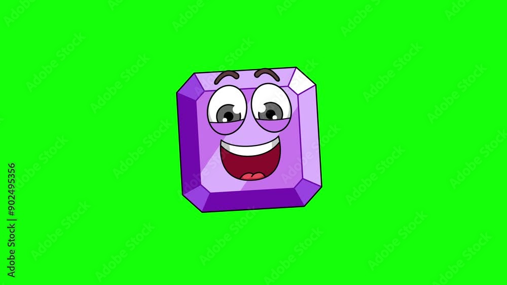 A laugh purple gemstone cartoon face on a green background, loop animation A laugh purple gemstone cartoon face on a green background, loop animation