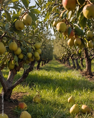 orchard with ripe pear fruits backgroundvertical background vertical shot photo