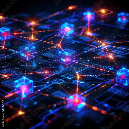 Abstract representation of ERP system connecting different business units, ERP, technological integration