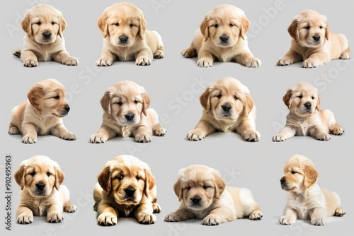 A group of adorable puppies lying down on a gray background, perfect for pet-related or family-themed projects