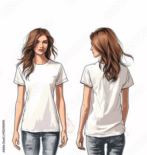Fashion illustration of woman in t shirt, view from front and back side. Template for your t-shirt design.