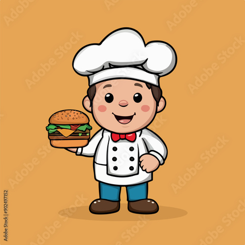 Charming Chef Cartoon with Burger Delight Vector Vector Icon Illustration hand drawn art.\
