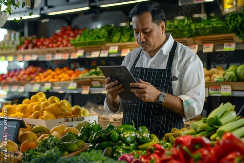 Supermarket owner with a tablet in hand, analyzing sales data while standing near a well-organized display of fresh fruits and vegetables.
