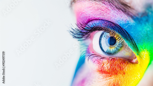 Close-up of a colorful rainbow woman eye isolated, gay LGBTQ pride concept