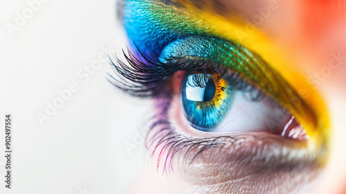 Close-up of a colorful rainbow woman eye isolated, gay LGBTQ pride concept