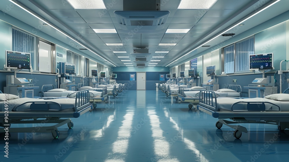 Modern and Clean Hospital Ward with Empty Beds, Medical Equipment, Monitors, and Bright Blue Flooring Modern and Clean Hospital Ward with Empty Beds, Medical Equipment, Monitors, and Bright Blue Flooring