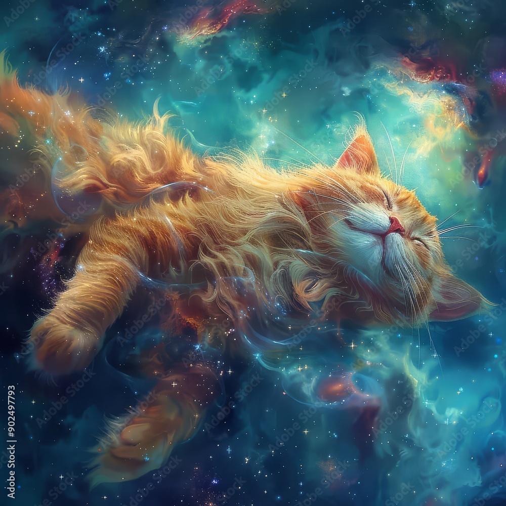 A Fluffy Orange Cat Floating in a Cosmic Nebula A Fluffy Orange Cat Floating in a Cosmic Nebula