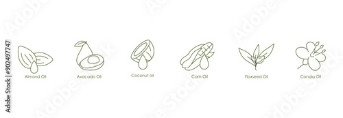 Versatile Oils Vector Icons: Almond, Grape Seed, Tea Tree, Avocado, Coconut, Corn, Flaxseed, Canola