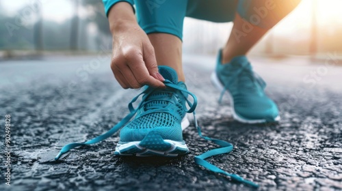 Runner Tying Shoe Laces on Wet Pavement photo