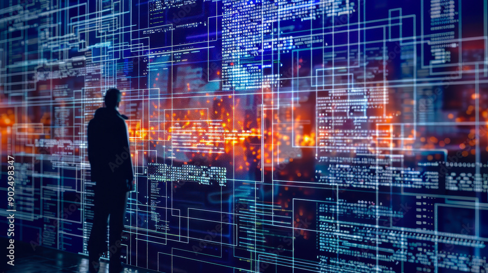 Fototapeta premium Silhouette of a Programmer Analyzing Code on Digital Screen in Futuristic Setting at Night for Success in Technology