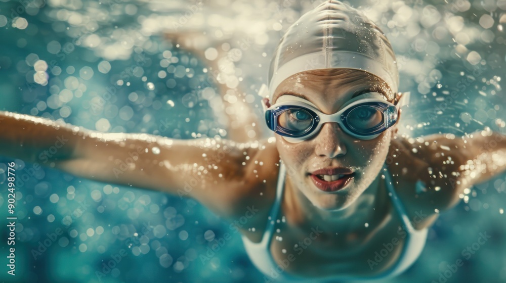 Fototapeta premium Close-up of a Female Swimmer with Goggles and Swim Cap in a Pool