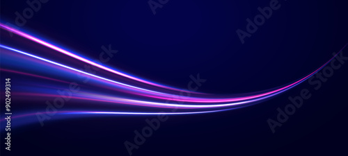 Speed connection vector background. Light and stripes moving fast over dark background. Database fast data transfer acceleration. Colorful dynamic motion on blue background.