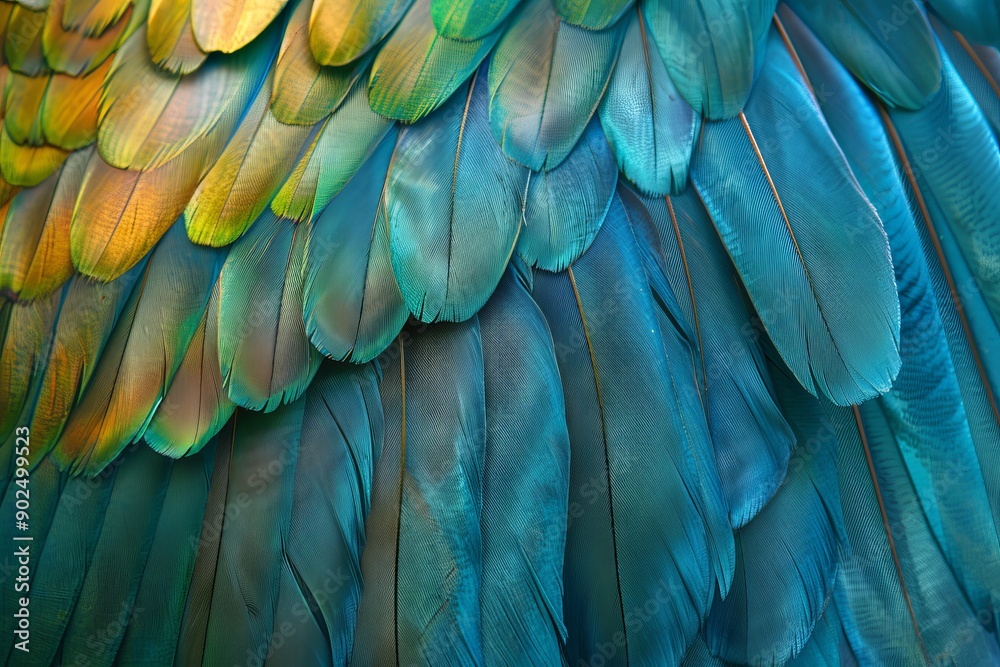 Fototapeta premium Blue Color Feathers Background, Rainbow Tint Colored Plumage, Scaly Wings Texture, Copy Space