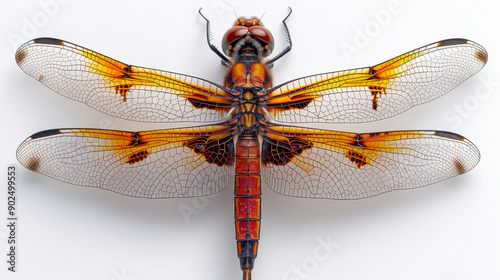 Vibrant Dragonfly on White Background: Detailed Close-Up of Colorful Insect with Transparent Wings and Intricate Patterns for Nature and Biology Themes