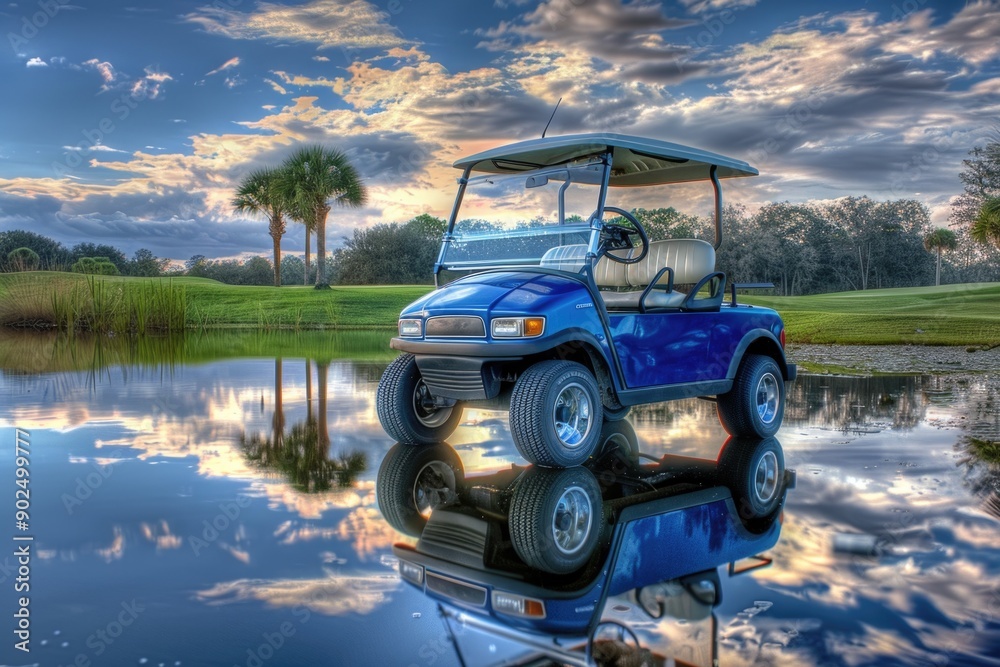 Fototapeta premium A blue golf cart sitting on a lake's surface