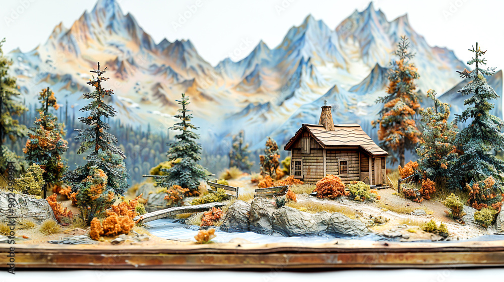 Obraz premium Tranquil Mountain Diorama with Cabin and Trees - Paper Craft Landscape Display