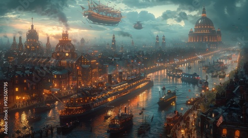 A bustling steampunk city with intricate machinery, airships floating above, and citizens in Victorian attire, all under a cloudy sky