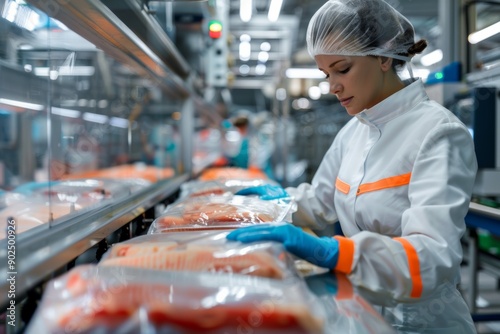 Factory worker using automated machinery to wrap meat products in protective plastic film.