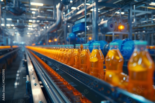 Juice bottles being filled on a conveyor belt in a beverage factory, surrounded by blue machinery and stainless steel equipment, illustrating automated production.