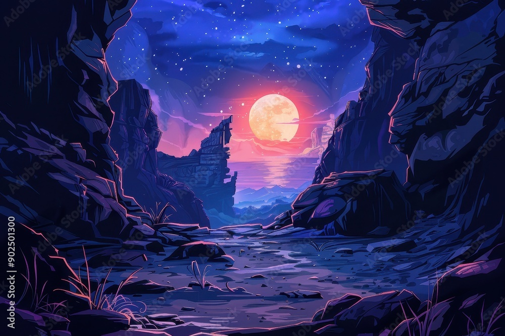Fototapeta premium Rocky canyon landscape with bright moon and starry night sky