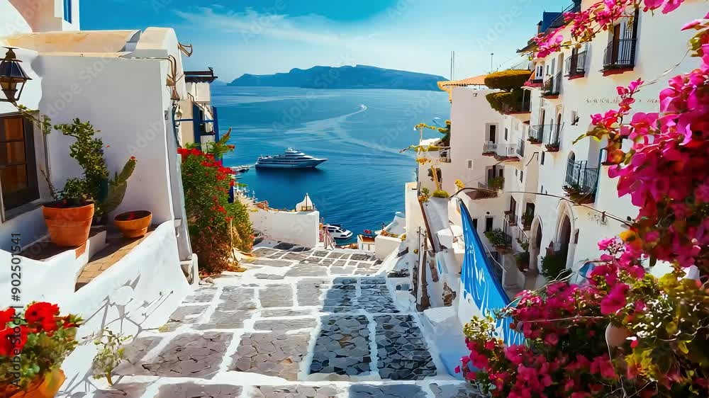 Picturesque Mediterranean Street with Sea View with Ai generated.
