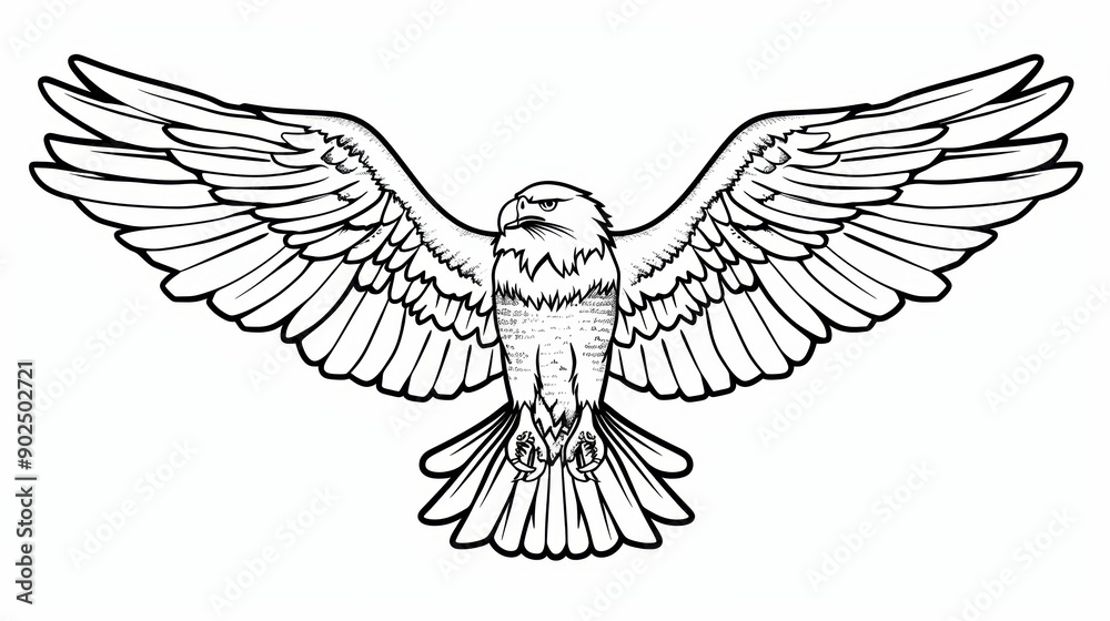 Obraz premium Black and White Line Drawing of an Eagle with Spread Wings
