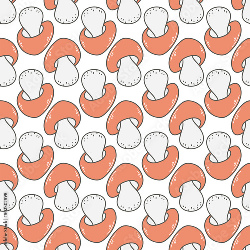 Solid fill forest mushrooms seamless pattern. Background with cute boletuses. Mushroom autumn print for themed design, packaging, paper, fabric, vector graphic photo